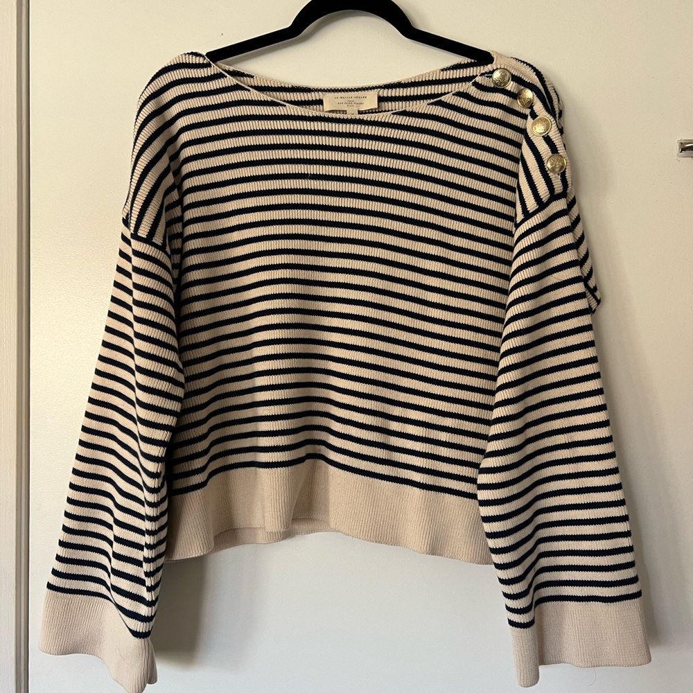 Sezane boat neck Breton stripe sweater, oatmeall and nave size medi